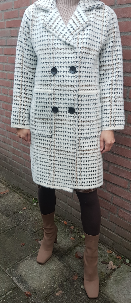 Double Breasted Loose Fit Check Pattern Knit Coat (Ivory)