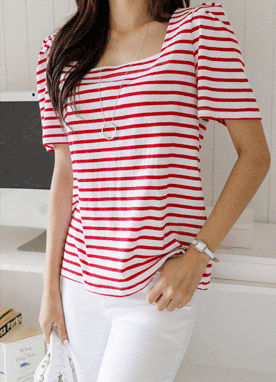 Square Neck Stripe Puff Shoulder T-shirt