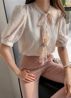 Soft Floral Embroidered Ribbon Tie Blouse