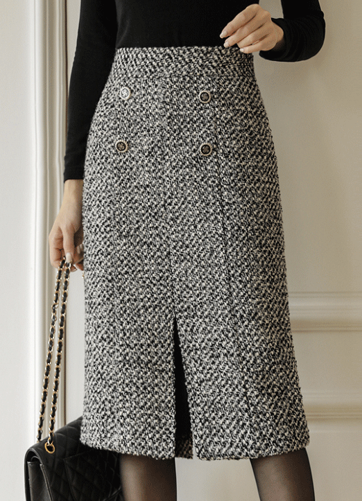 High Waist Wool Blended Tweed Midi Skirt