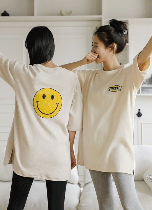 Cheese Smile Loose Fit Slit Long Short Sleeve T-shirt