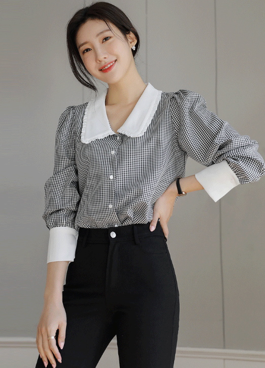 Contrast Frill Trim Collar Gingham Check Blouse