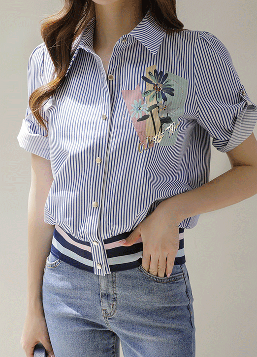 [Louis Angel] Flower Print Roll-up Sleeve Striped Blouson Shirt