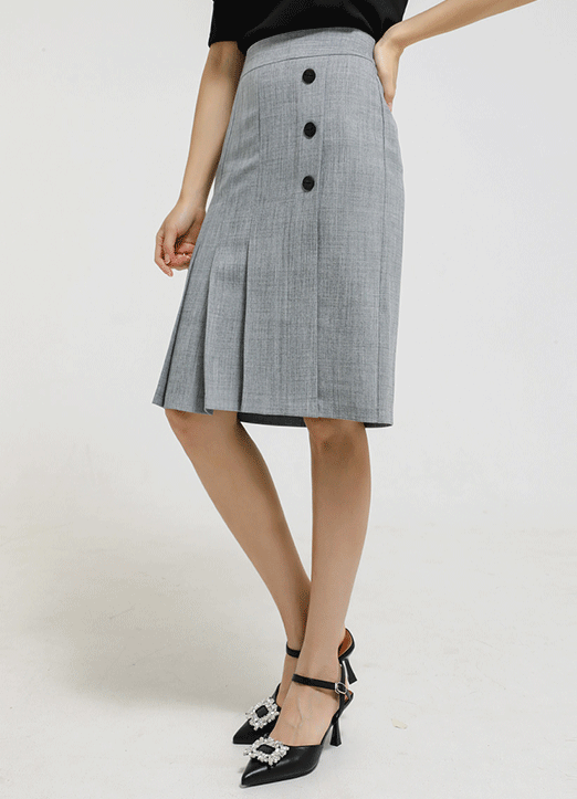 Side Three Buttons Pleats Detail Midi Skirt