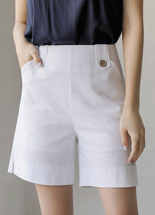 Linen Blend Waist Button Tab Shorts