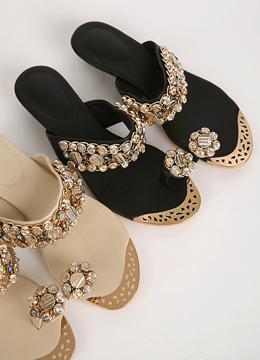 Gold Plate Jeweled Toe Loop Wedge Sandals