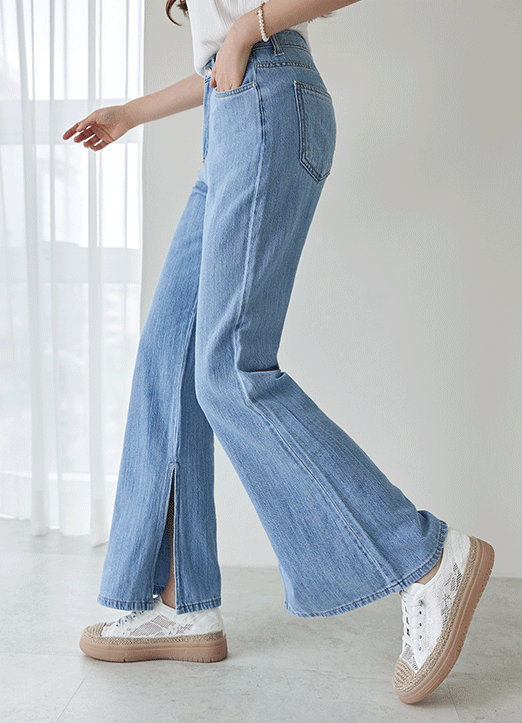 High Rise Side Inner Long Slit Wide Boot-Cut Jeans