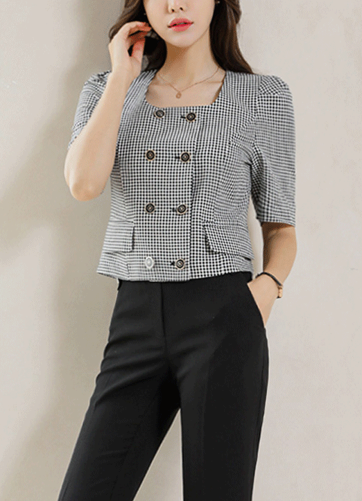 Double Breasted Fake Flap Pocket Gingham Check Cropped Jacket
