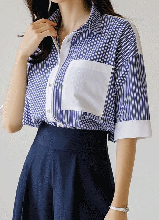 [Louis Angel] White Color Block Cool Blue Pin Stripe Shirt