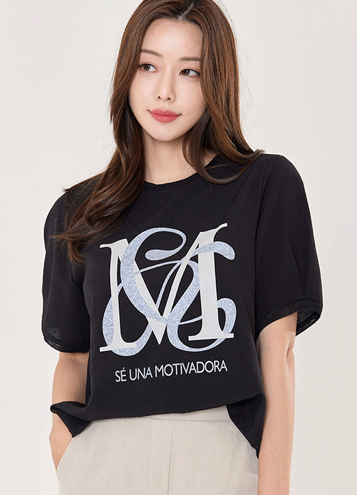 [Louis Angel] Silver Lettering Ribbed Trim Loose Fit Top