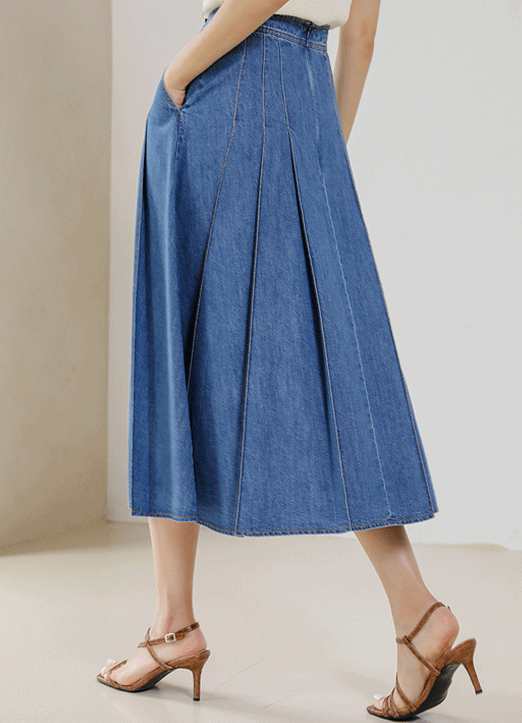 [Louis Angel] Contrast Stitching Pintuck Pleats Denim Skirt