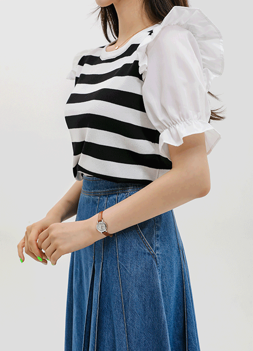 Texture Block Puff Sleeve Striped Knit Top