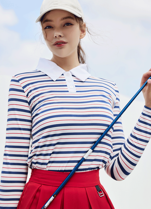 [THE ONME] Striped Long Sleeve Polo Shirt