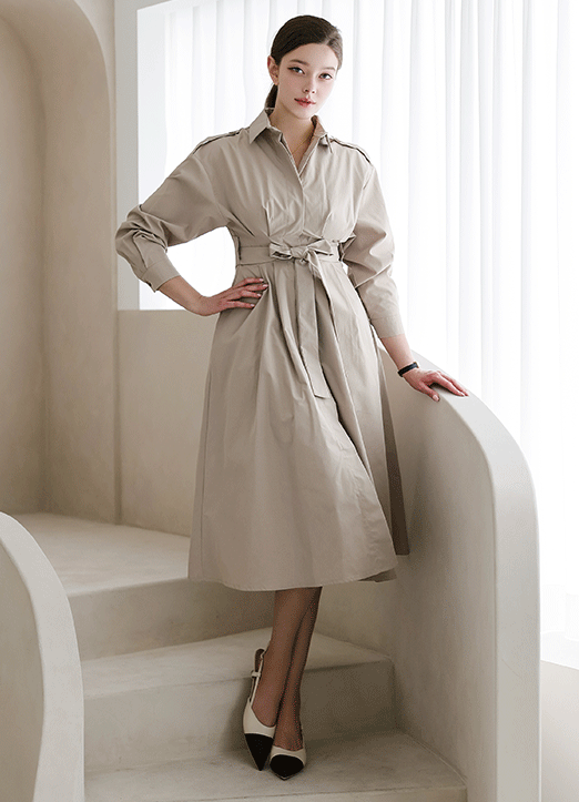 [THE ONME] Pintuck Waist Self Belted Trench Dress