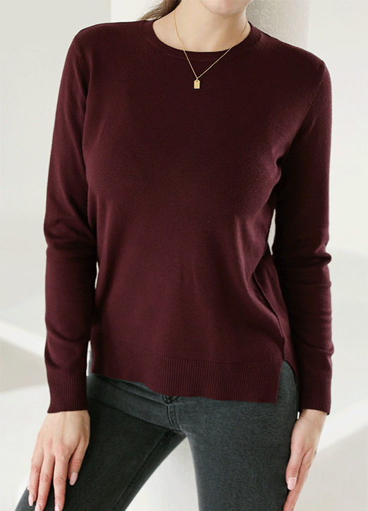 [THE ONME] 8-Color Round Neck Side Slit Soft Knit Top