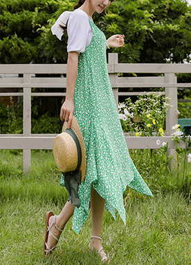 Unbalanced Green Floral Cami Maxi Dress 