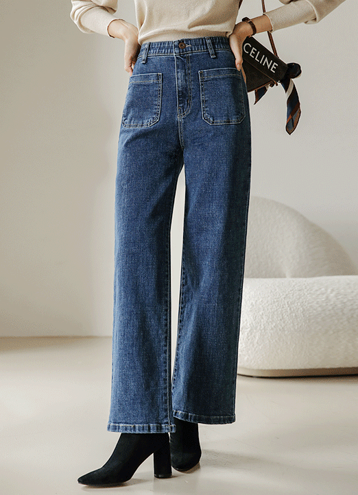 Elastic Waist Front Patch Pocket Semi Wide Jeans