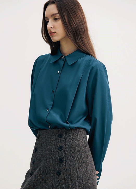 [The Onme] (4 Colors) Square Petite Button Pintuck Shirt