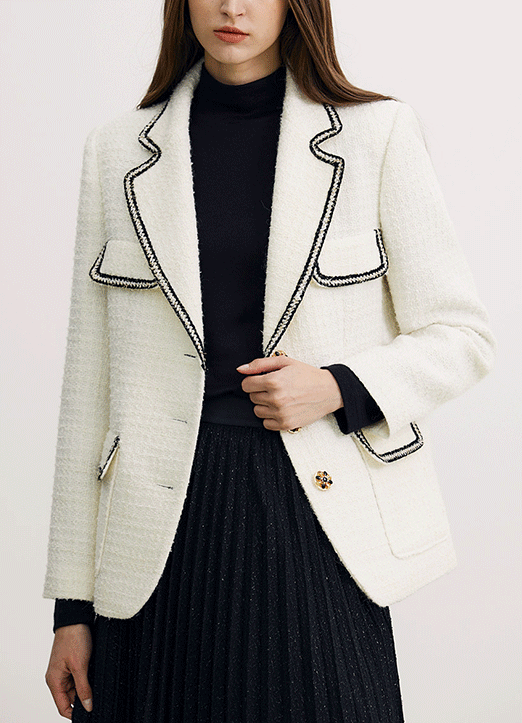 [The Onme] Contrast Braided Trim Tweed Jacket