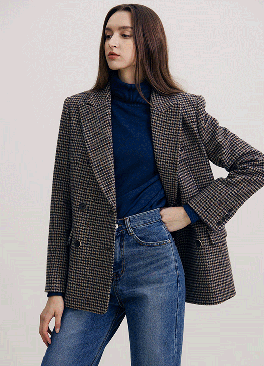 [The Onme] Double Breasted Houndstooth Tailored Jacket