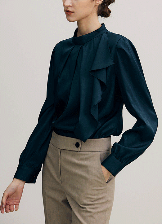 [The Onme] Pleated High Neck Satin Ruffle Blouse
