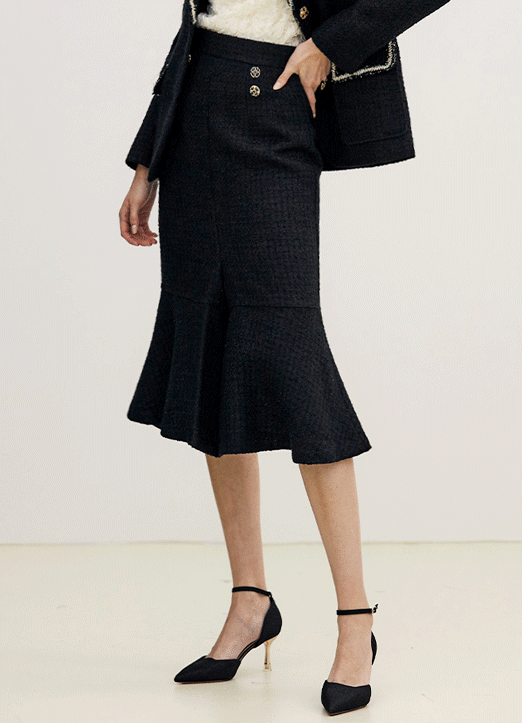 [The Onme] High Waist Ruffle Hem Tweed Midi Skirt