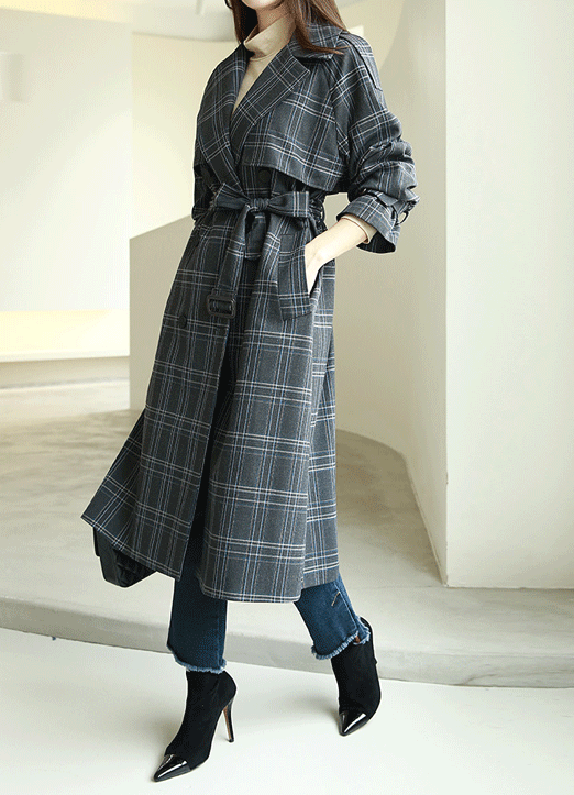 Belted Check Print Trench Coat