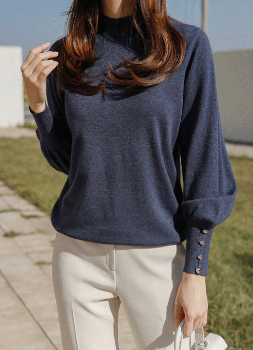 (9 Colors) Ribbed Edge Button Cuff Mock Neck Knit Top 