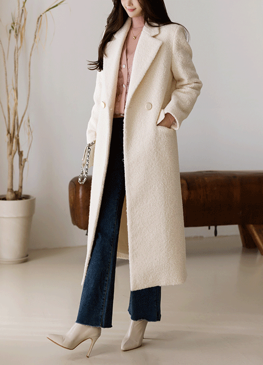 Double Breasted Slim Boucle Long Coat