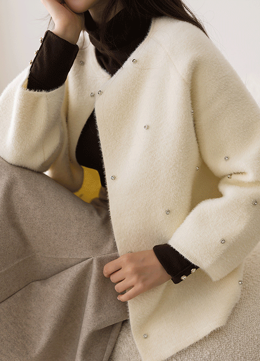 Cubic Embellished Collarless Fuzzy Jacket