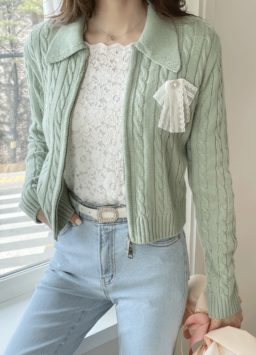 Zip Up Cable Knit Collar Cardigan
