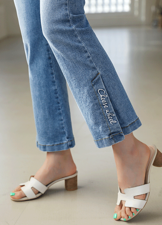 Elastic Waist Silver Embroidered Side Slit Boot-cut Jeans
