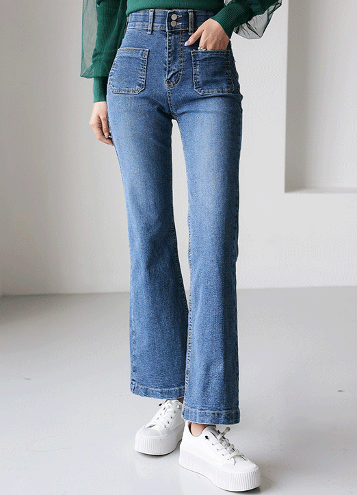 Elastic Waist Front Patch Pocket Boot-Cut Jeans