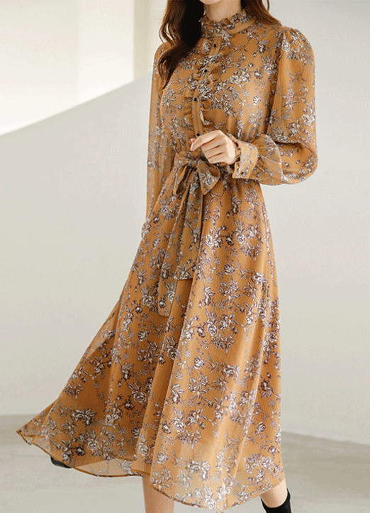 [Louis Angel] Ethnic Floral Print Chiffon Maxi Dress w/ Sash