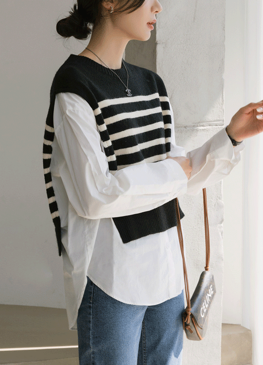 Contrast Stripe Knit Vest Layered Look Shirt