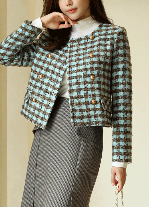 Wool Blend Double Breasted Collarless Check Jacket