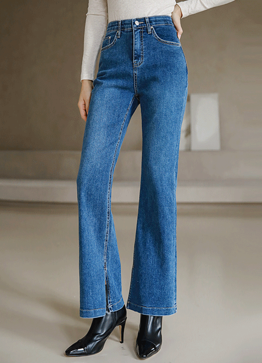 Elastic Waistband Side Slit Boot-cut Jeans