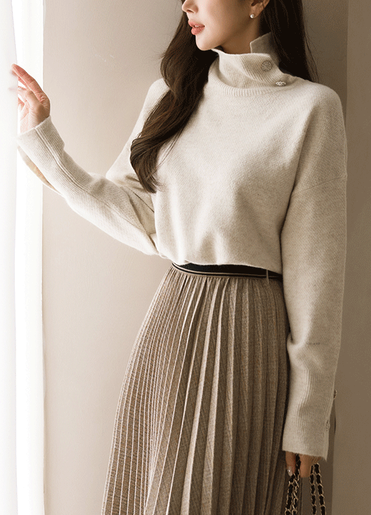 Jewel Buttoned Turtleneck Loose Fit Knit Top