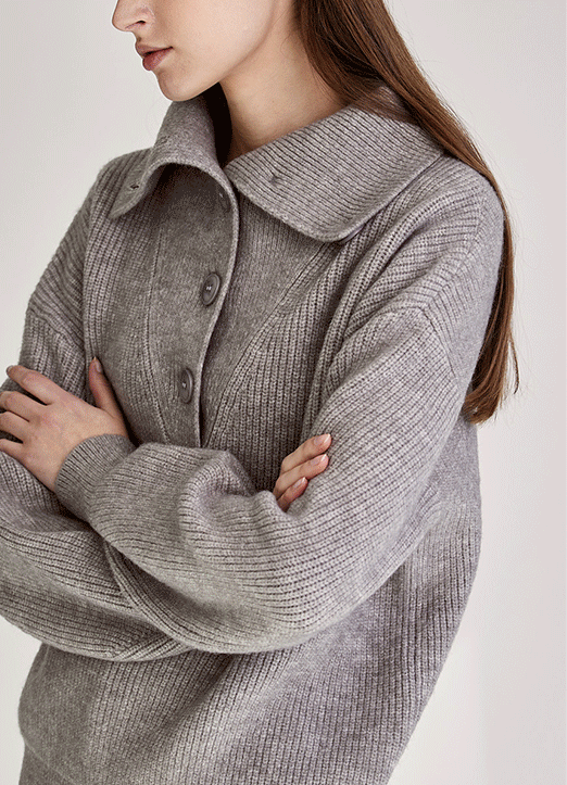 [The Onme] Voluminous Sleeve Button-Up Turtleneck Ribbed Knit Top