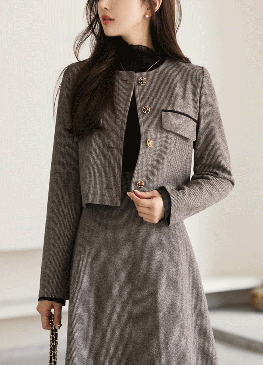 [Louis Angel] Houndstooth Collarless Tailored Short Jacket