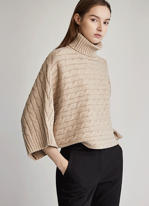 [The Onme] Turtleneck Batwing Sleeve Cable Knit Cropped Top