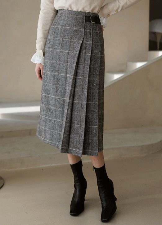 Wool20 Mix Side Leather Strap Pleats Skirt