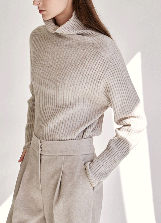 [The Onme] Wool Mix Seamless Ribbed Turtleneck Knit Top
