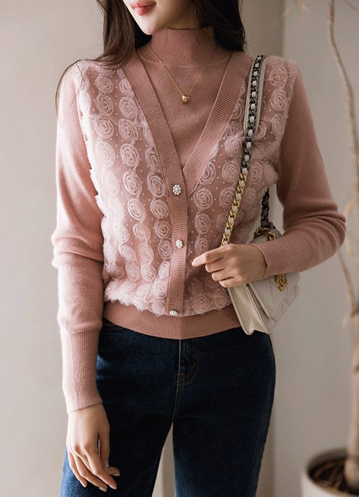 Lace panel Cardigan Layered Look Mock Neck Knit Top