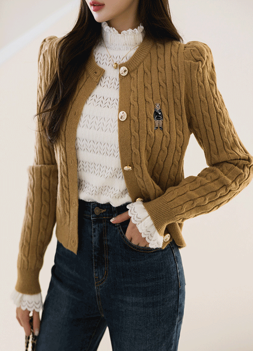 (4 Colors) Bear Patch Puff Sleeve Cable Knit Cardigan