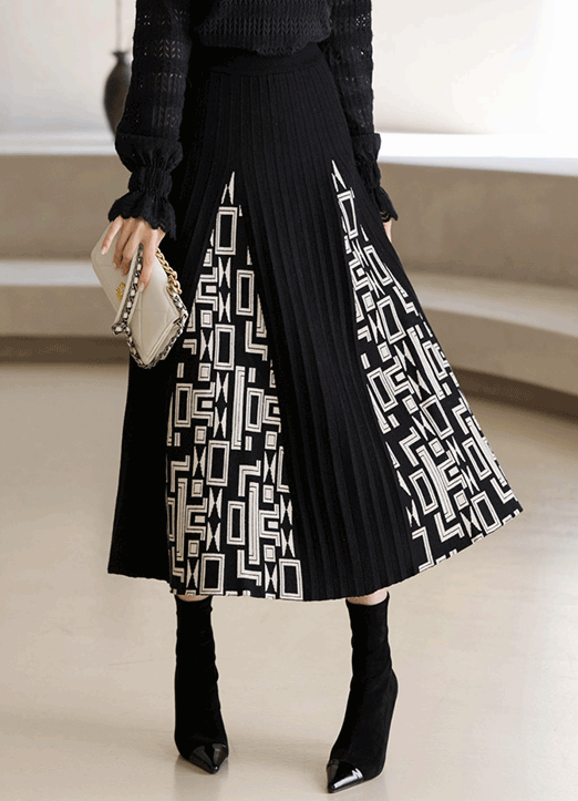 Elastic Waist Geometric Pattern Pleated Knit Skirt