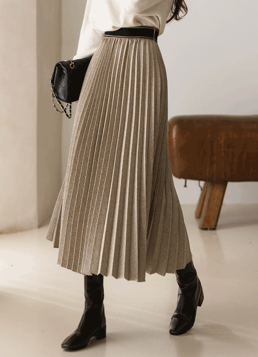 [Louis Angel] Striped Elastic Waistband Check Pleats Skirt