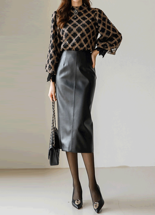 Faux Leather Back Slit H-Line Midi Skirt