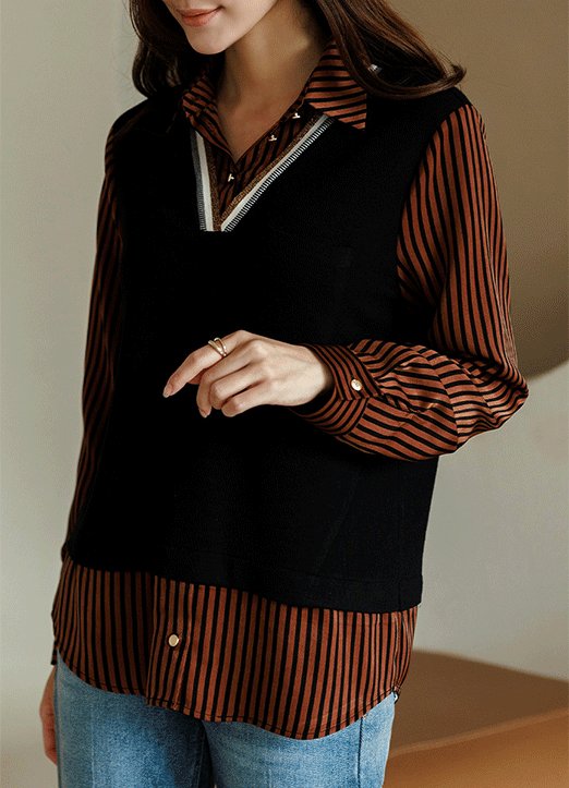 [Louis Angel] Vest Layered Look Stripe Shirt