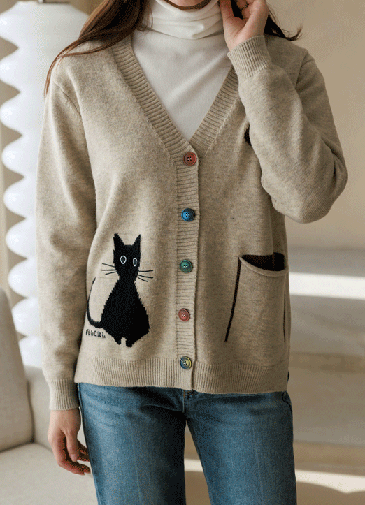 (5 Colors) Colorful Buttons Cat Print V-Neck Knit Cardigan